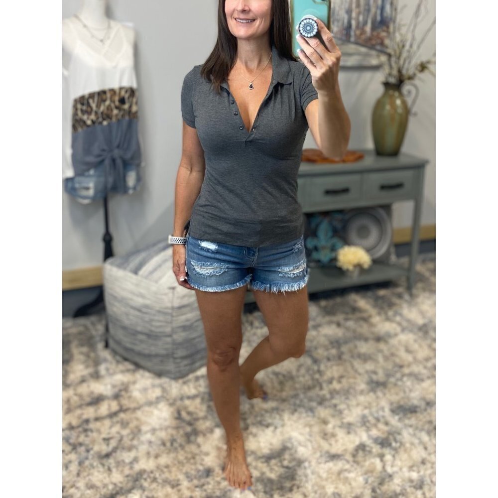 🎀PLUS Collared Polo Fitted Henley Charcoal Gray 2720